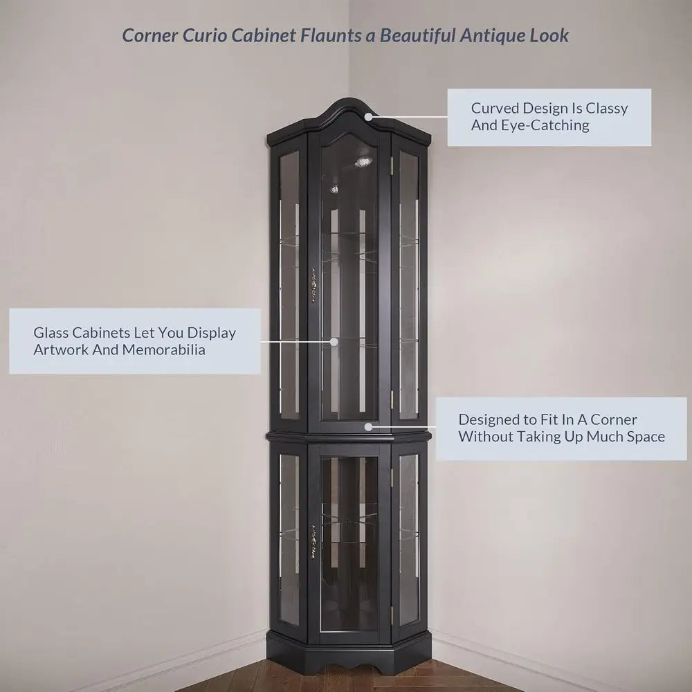 Lighted 3-Side Glass Display Curio Cabinet w/Tempered Glass Doand Shelves, Curved Wood Cabinet with Bulb, Storage Rack or Living