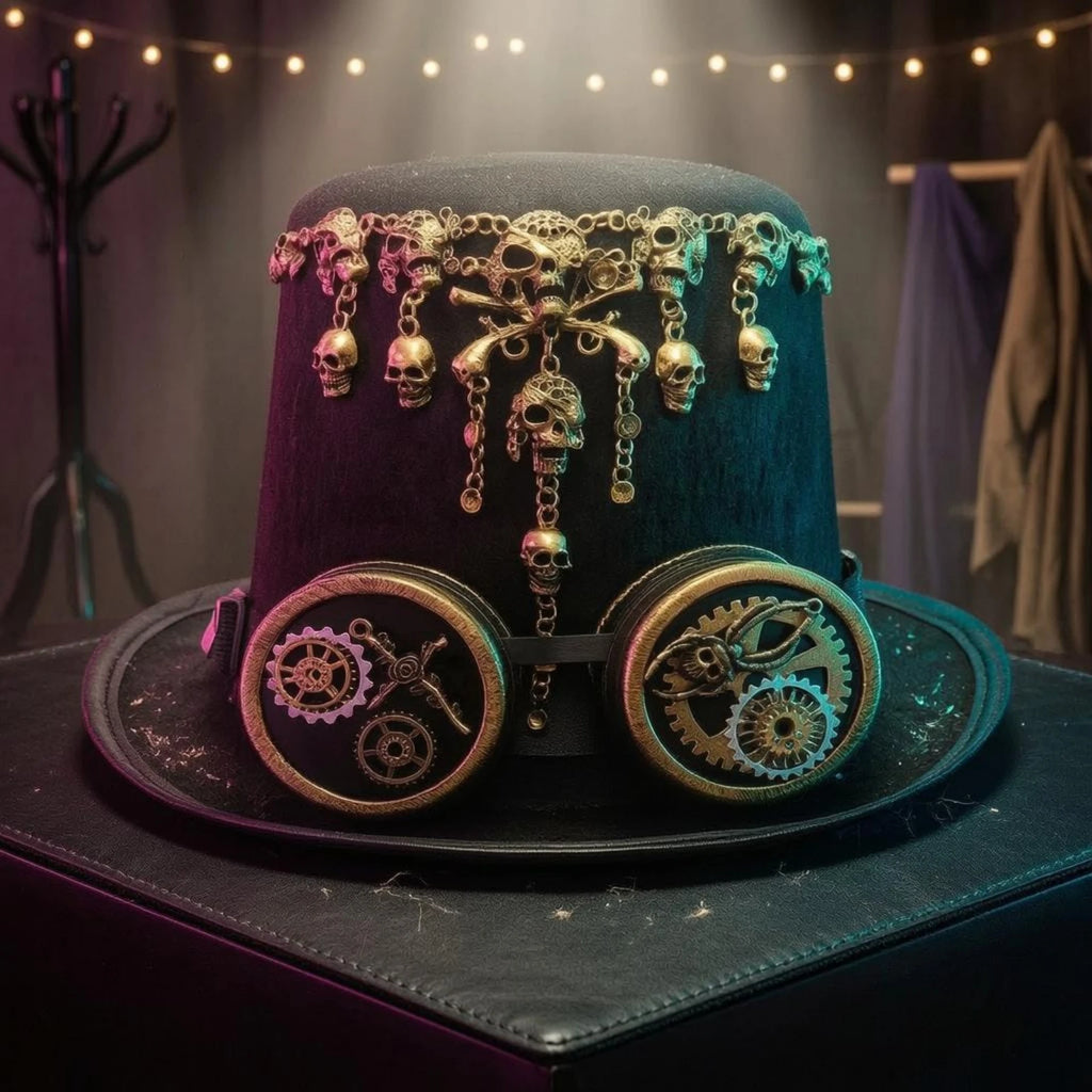 Gothic Steampunk Hat Gold-Toned Steampunk Top Hat Headwear Tall Crown