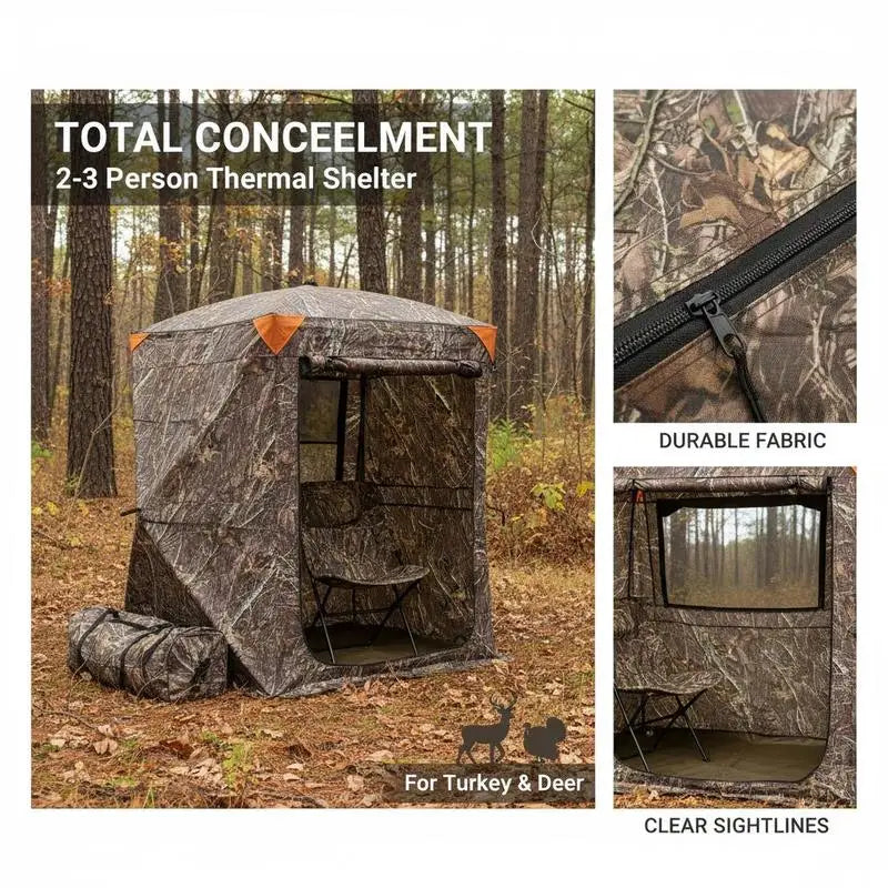 Hunting Blind 2-3 Person For Turkey Deer Hunting, Portable Camouflage Tent, Tri-Leg Chair Carrying Bag, Silent Zipper Door Window, Durable Concealed Shelter