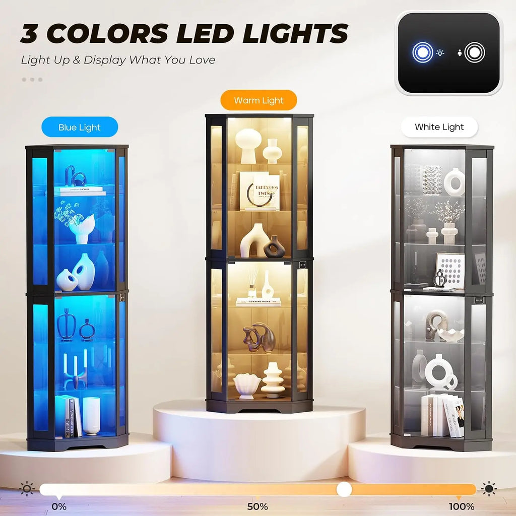 71" Corner Display Cabinet with Glass Doors, 6-Tier Curio Cabinet with 3 LED Lights & Glass Shelves, Human Body Sensor, Showcase for Collectibles, Black