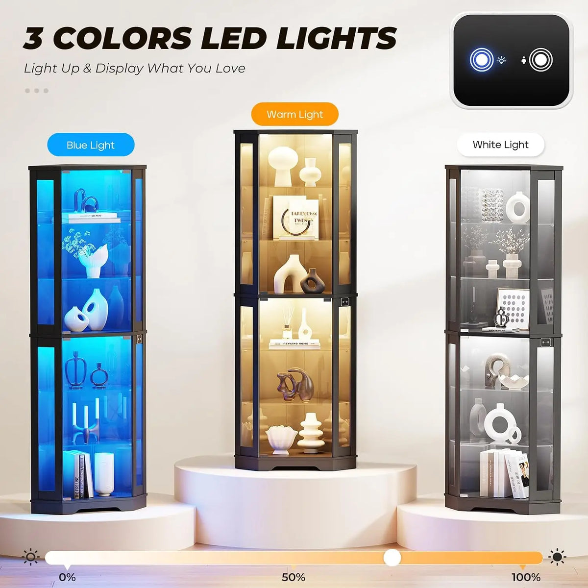 71" Corner Display Cabinet with Glass Doors, 6-Tier Curio Cabinet with 3 LED Lights & Glass Shelves, Human Body Sensor, Showcase for Collectibles, Black