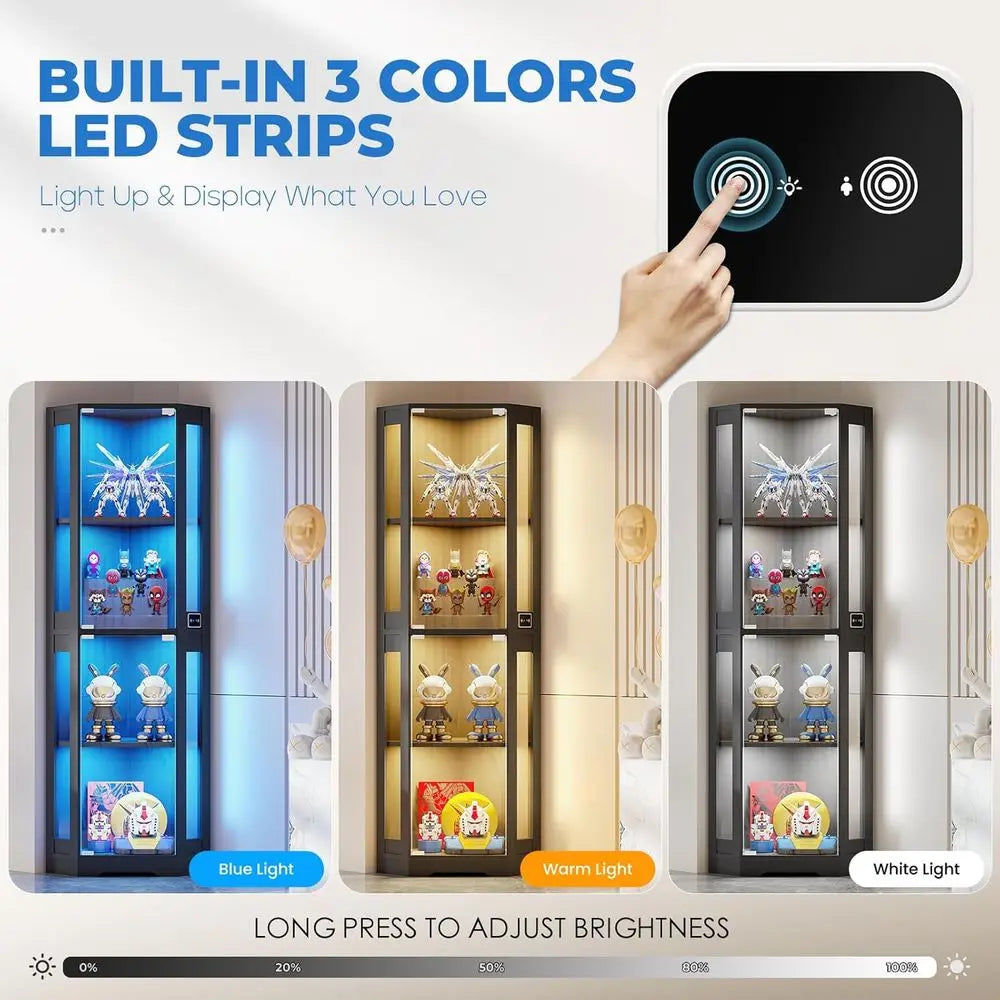 65" Glass Display Cabinet with LED Lights, 4-Tier Showcase Display Case with Glass Do& Human Body Sensor or Collectibles, Liquor