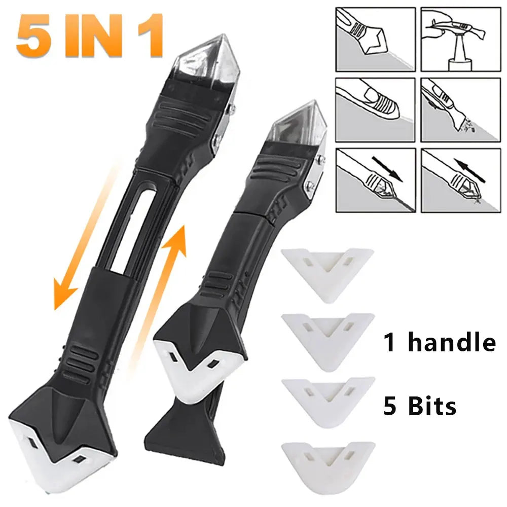 5 in 1 Metal Head Shovel Glue Tool Kit: Silicone Spatula, Caulk Remover, Grout Removal, Sealant Finishing & Corner Scrap